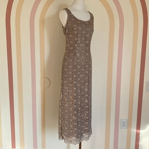 Vintage 90's Cream Knit Lace & Gold Sequin R&M Richards Midi Cocktail Gown Sz 8 - Picture 5 of 13